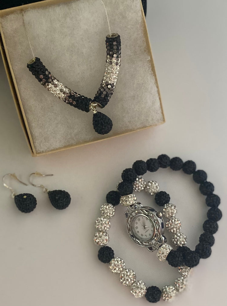 Necklace, earrings, watch, and bracelet set