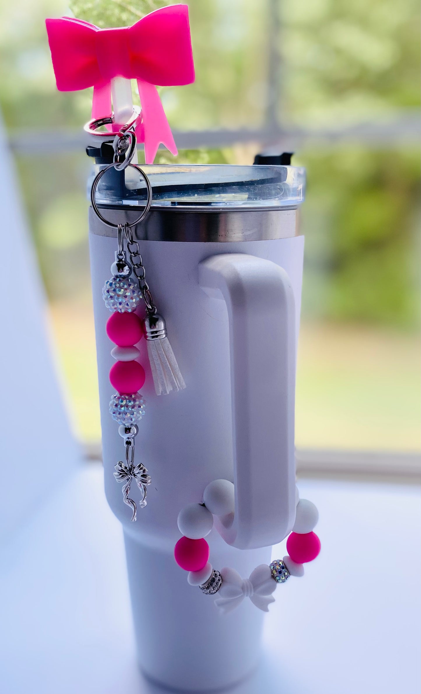 Tumbler Mug, cup charm, straw topper, bag charm / keychain with “bow-tiful” accessories Glamorous Charmz