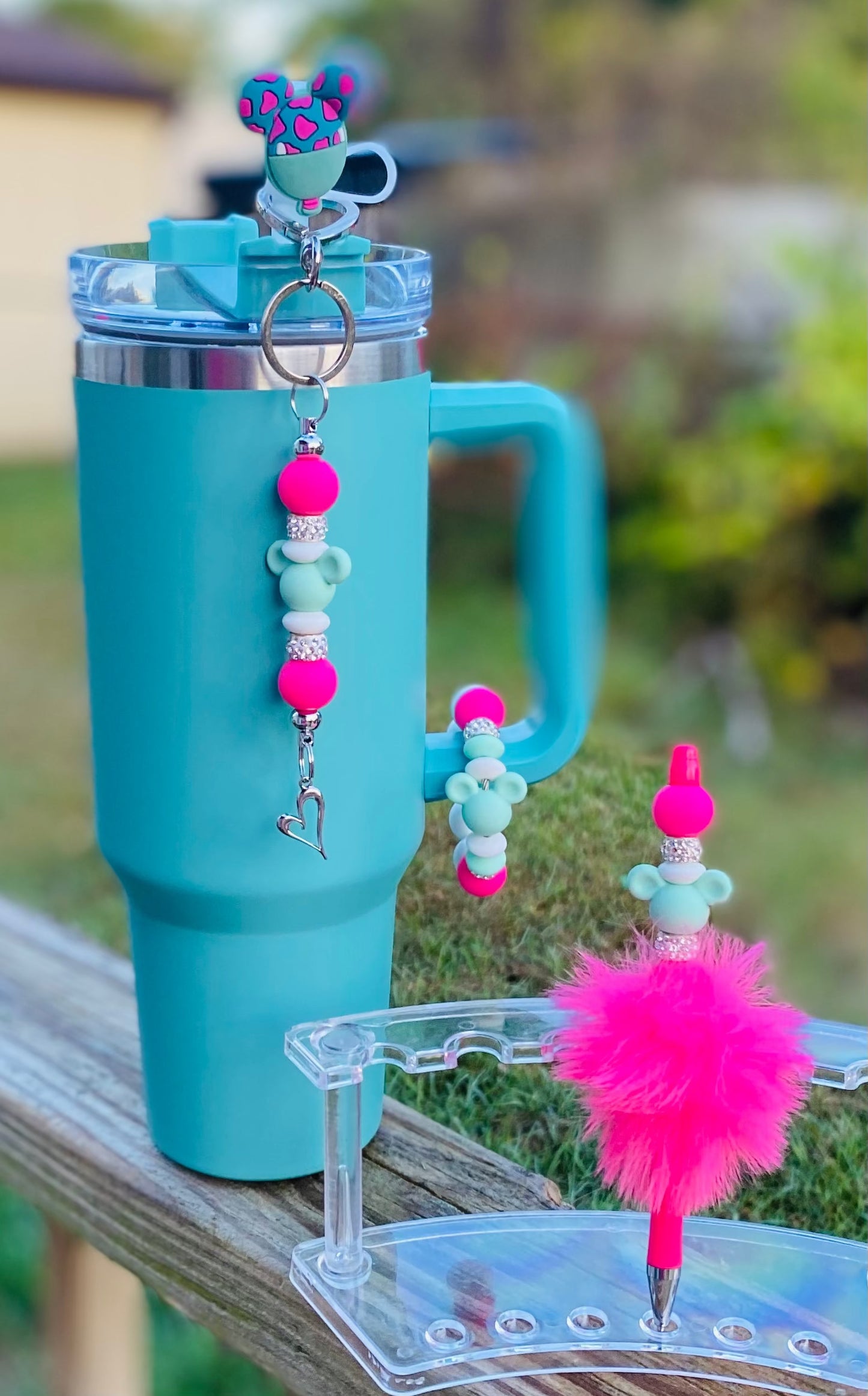 Mickey Mouse Tumbler mug set with charm, straw topper, keychain, and pen in turquoise color