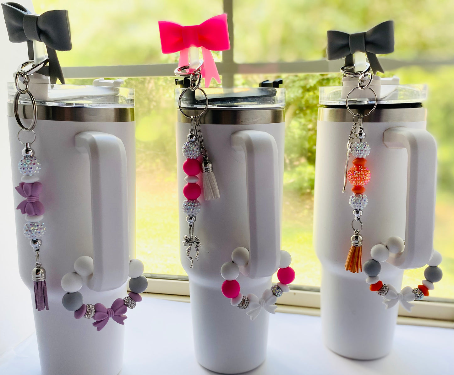 Tumbler Mug, cup charm, straw topper, bag charm/ Keychain, pen, mirror & Jewelry Set with “bow-tiful” accessories Glamorous Charmz