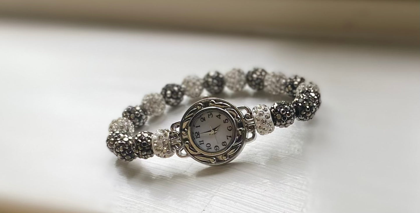 Shiny analog watch with shamballa bead bracelet set.
