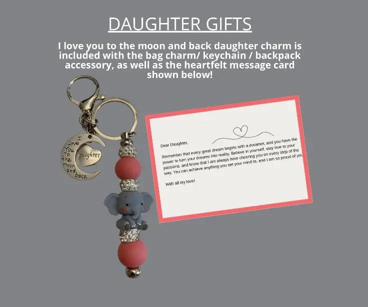 Beautiful keychain with elephant charm and heartfelt message card, perfect as a bag or backpack accessory.