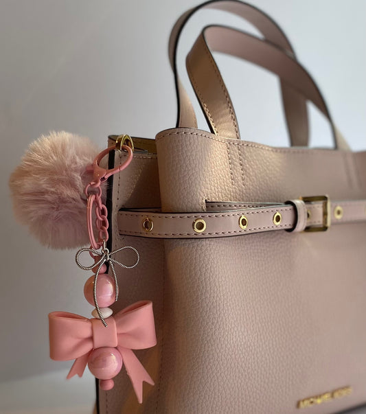 Bag charm with pink bow, fluffy Pom-pom and bow charm